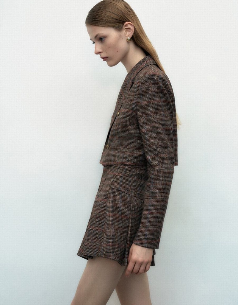 Women's Urban Revivo Plaid Cropped Tailored Blazers Khaki | PCL8948EO