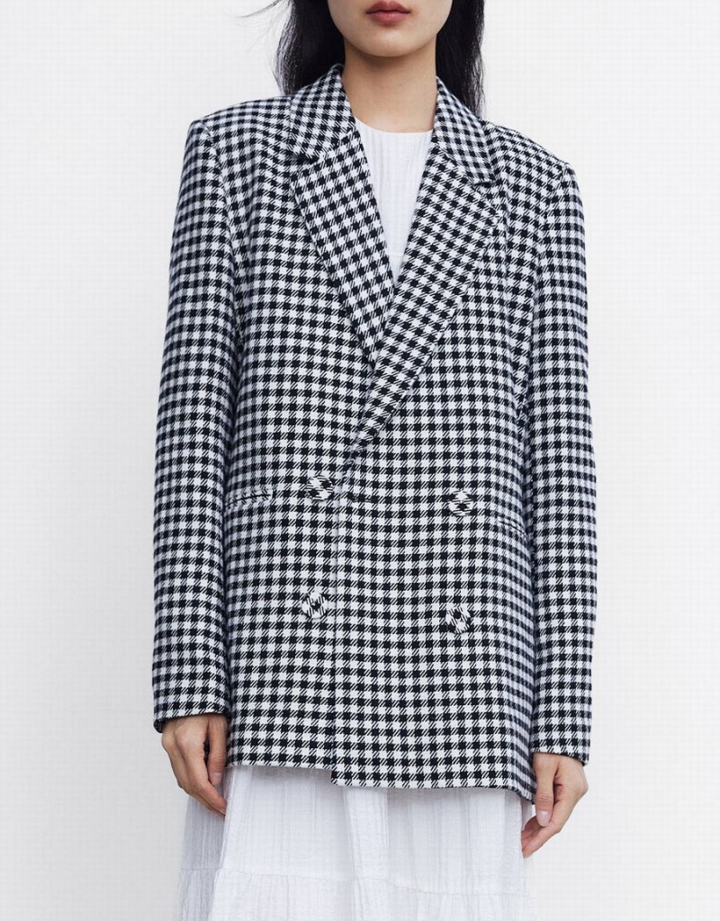 Women's Urban Revivo Plaid Double Breasted Blazers Grey | HWI295JT