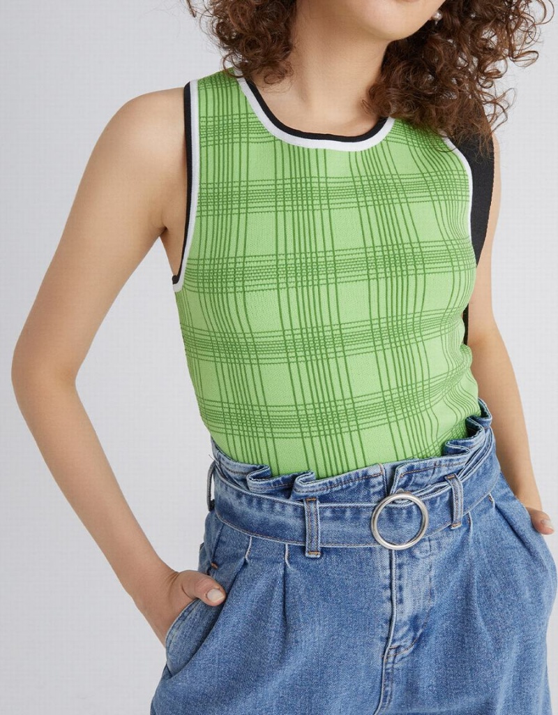 Women's Urban Revivo Plaid Jacquard Knitted Tank Top Green | MHA3192JG