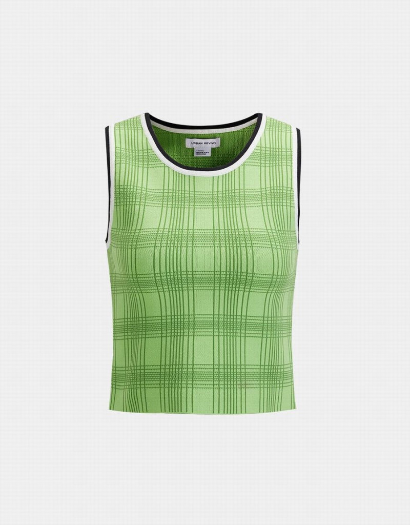 Women\'s Urban Revivo Plaid Jacquard Knitted Tank Top Green | MHA3192JG