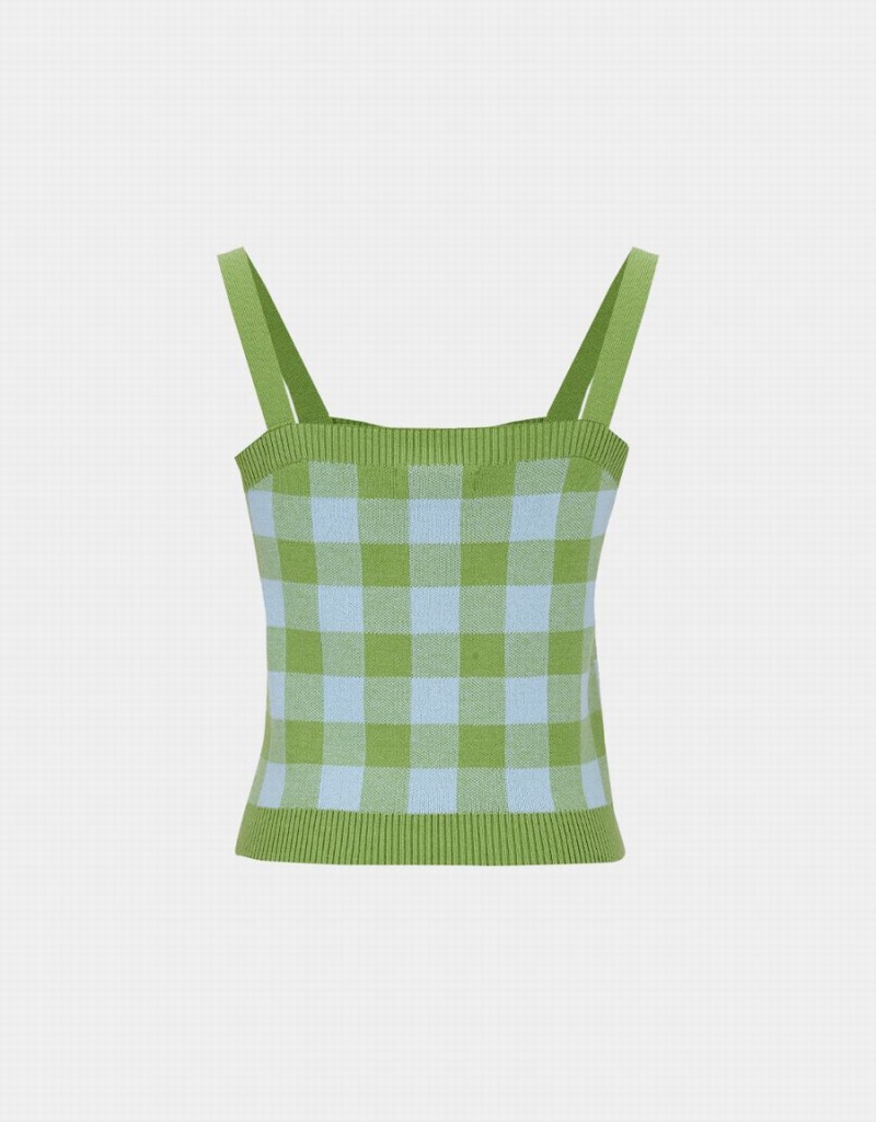 Women's Urban Revivo Plaid Knitted Cami Checkered Tank Top Blue | YNX4054GY