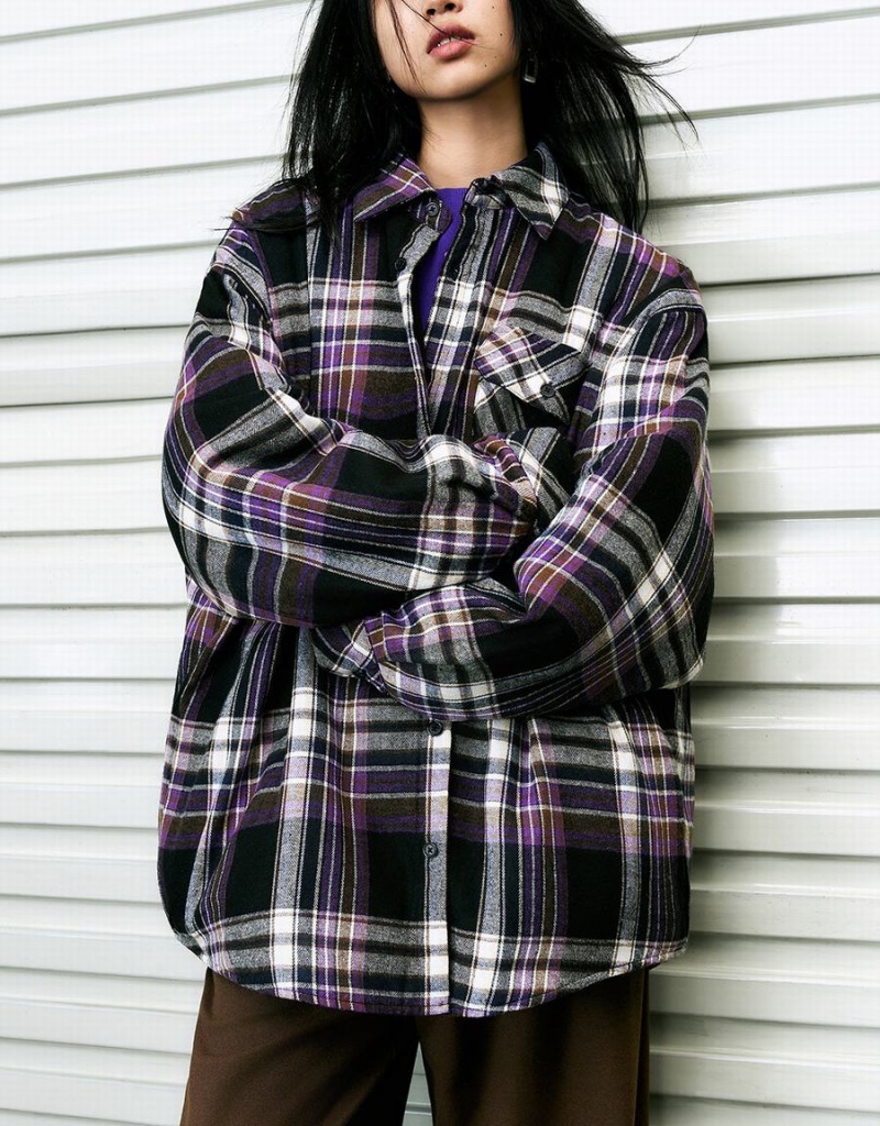 Women's Urban Revivo Plaid Straight Shirts Purple | VPR66DL