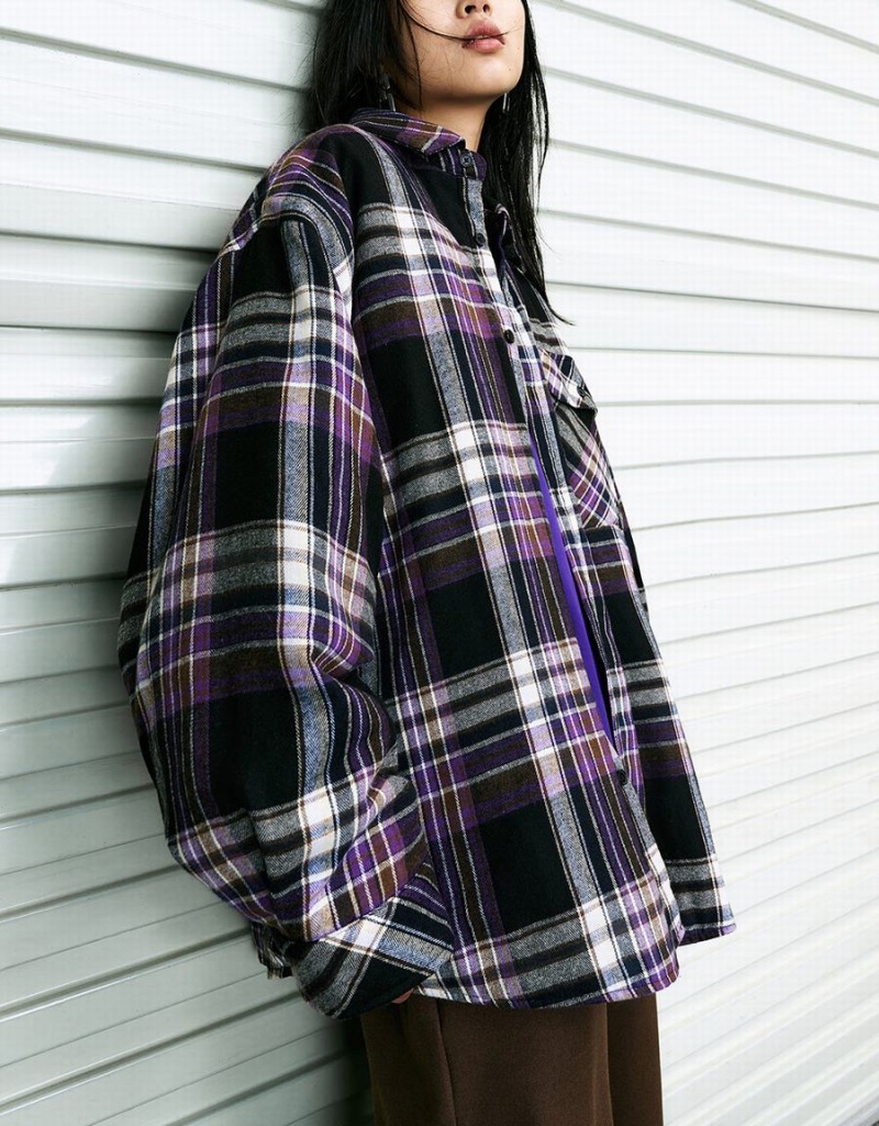 Women's Urban Revivo Plaid Straight Shirts Purple | VPR66DL