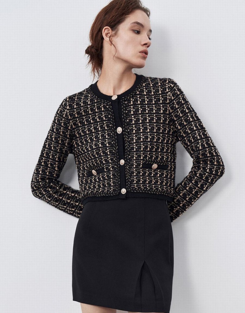 Women's Urban Revivo Plaid Tweed Jackets Black | KFM405AX