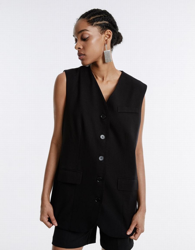 Women's Urban Revivo Plain Button Up Vest Black | JJL3036RZ