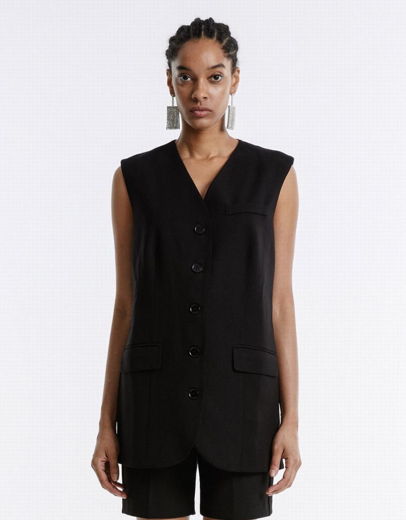 Women\'s Urban Revivo Plain Button Up Vest Black | JJL3036RZ