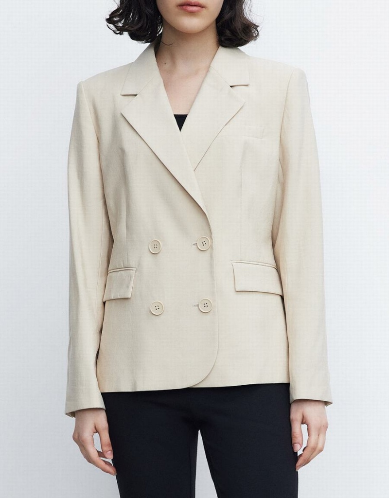 Women's Urban Revivo Plain Double Breasted Blazers Khaki | UDB802YZ