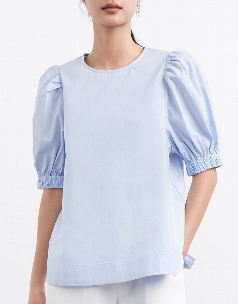 Women's Urban Revivo Plain Puff Sleeve Blouse Blue | HSP542TO