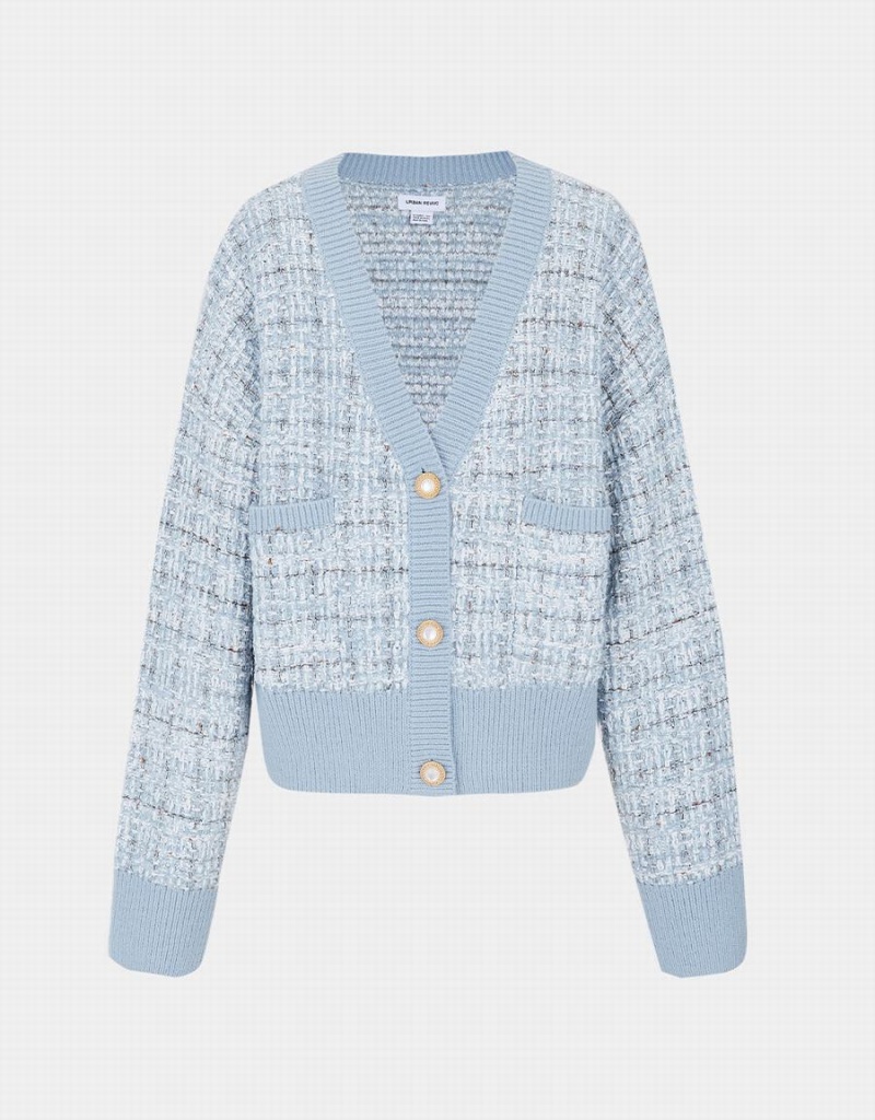 Women's Urban Revivo Pocket Tweed Plaid Cardigan Light Blue | HJL7556ZE