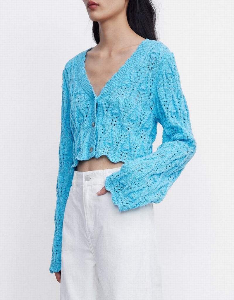 Women's Urban Revivo Pointelle Button Up Cardigan Blue | BOA6290SQ