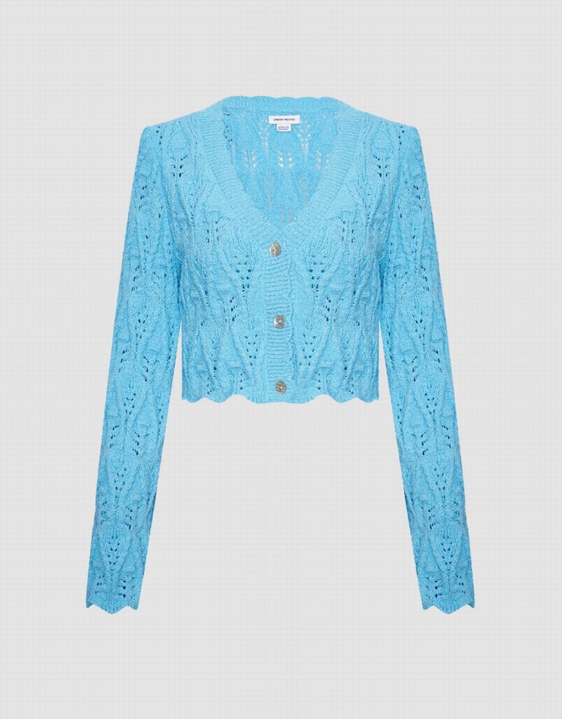 Women\'s Urban Revivo Pointelle Button Up Cardigan Blue | BOA6290SQ