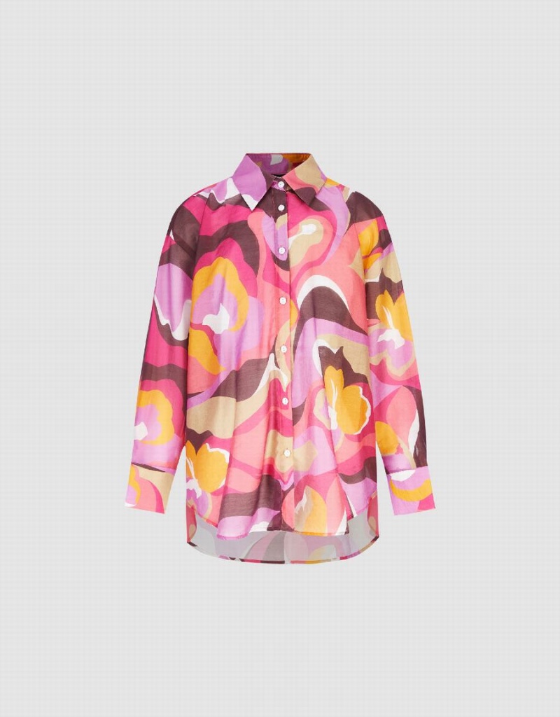 Women's Urban Revivo Printed Button Up Lapel Shirts Pink Multicolor | EKI6491XS