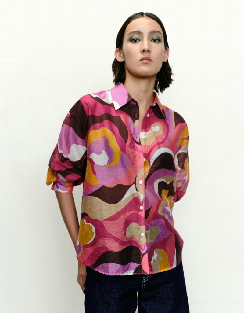 Women's Urban Revivo Printed Button Up Lapel Shirts Pink Multicolor | EKI6491XS