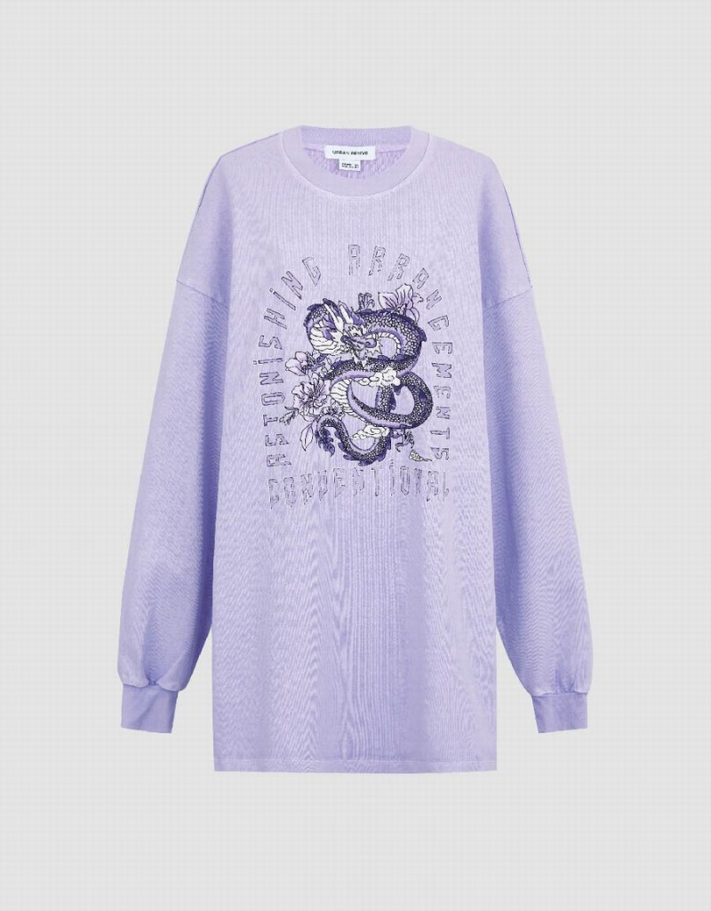 Women's Urban Revivo Printed Crew Neck Loose T Shirts Purple | UBL84JE