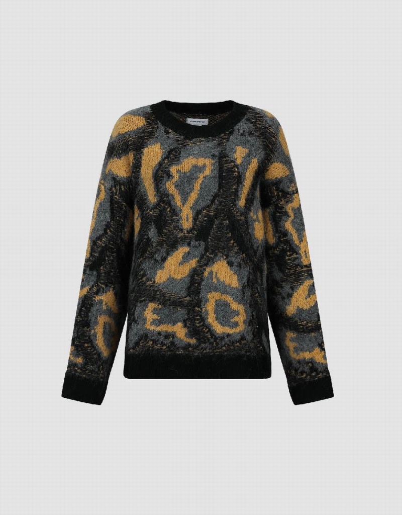 Women's Urban Revivo Printed Crew Neck Loose Sweaters Black Gold | ABH71100UC