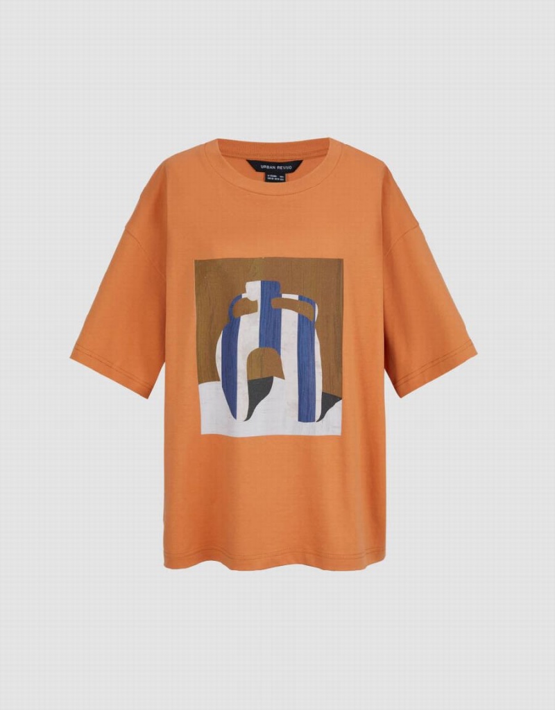 Women's Urban Revivo Printed Loose T Shirts Orange | PSB2723MM