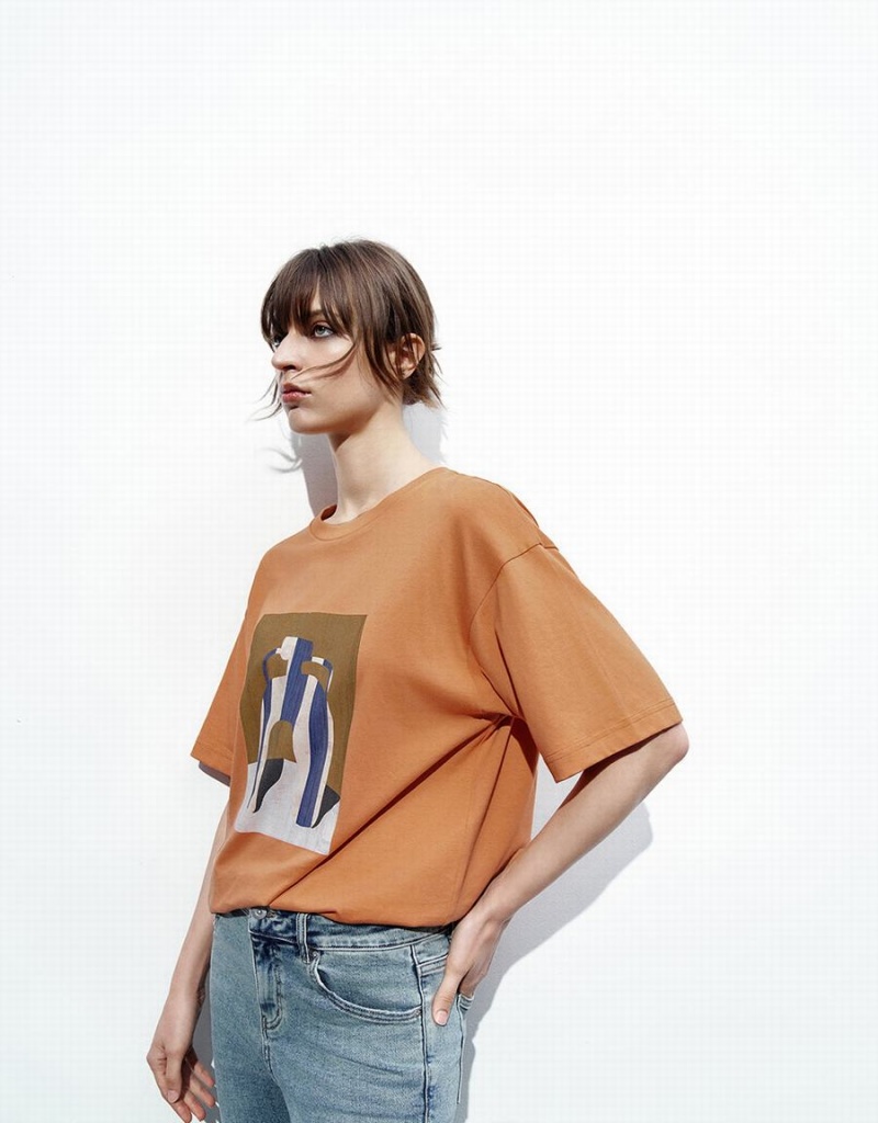 Women's Urban Revivo Printed Loose T Shirts Orange | PSB2723MM