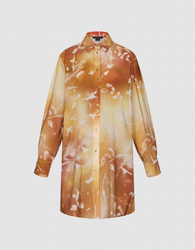 Women's Urban Revivo Printed Straight Loose Shirts Orange | JVJ4899AS