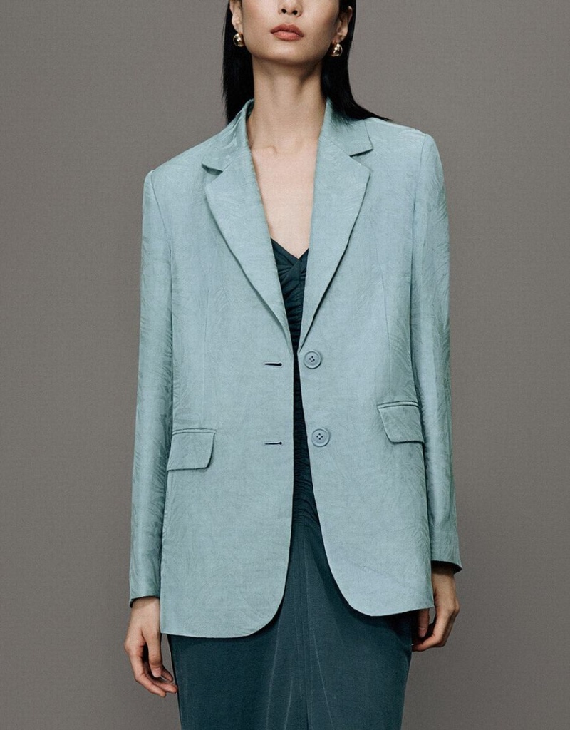 Women's Urban Revivo Pritned Notch Lapel Blazers Blue | UPQ4527VW