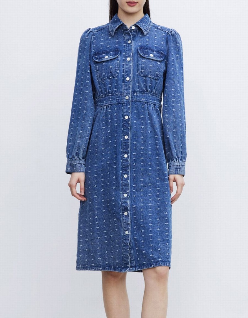 Women's Urban Revivo Puff Sleeve Button Up Denim Dress Blue | KVU2269AS