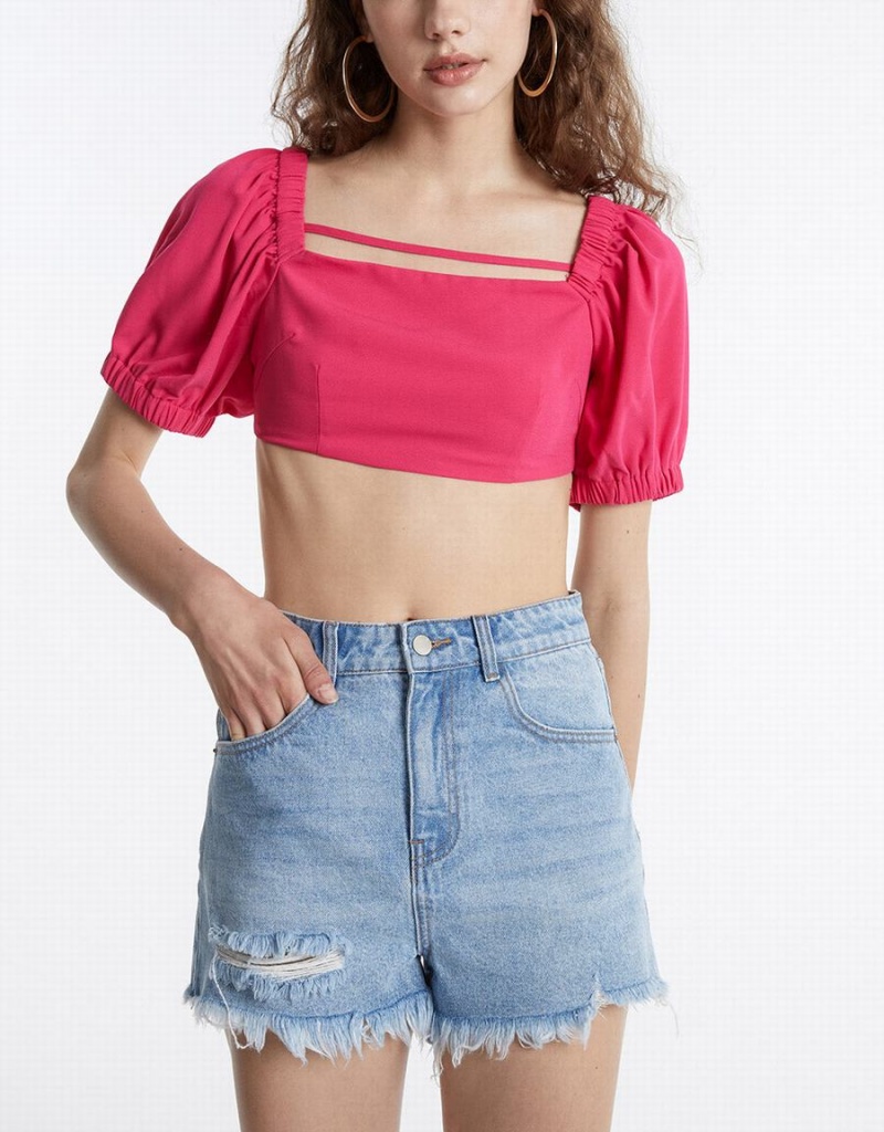 Women's Urban Revivo Puff Sleeve Crop Top T Shirts Red | RCI573NE