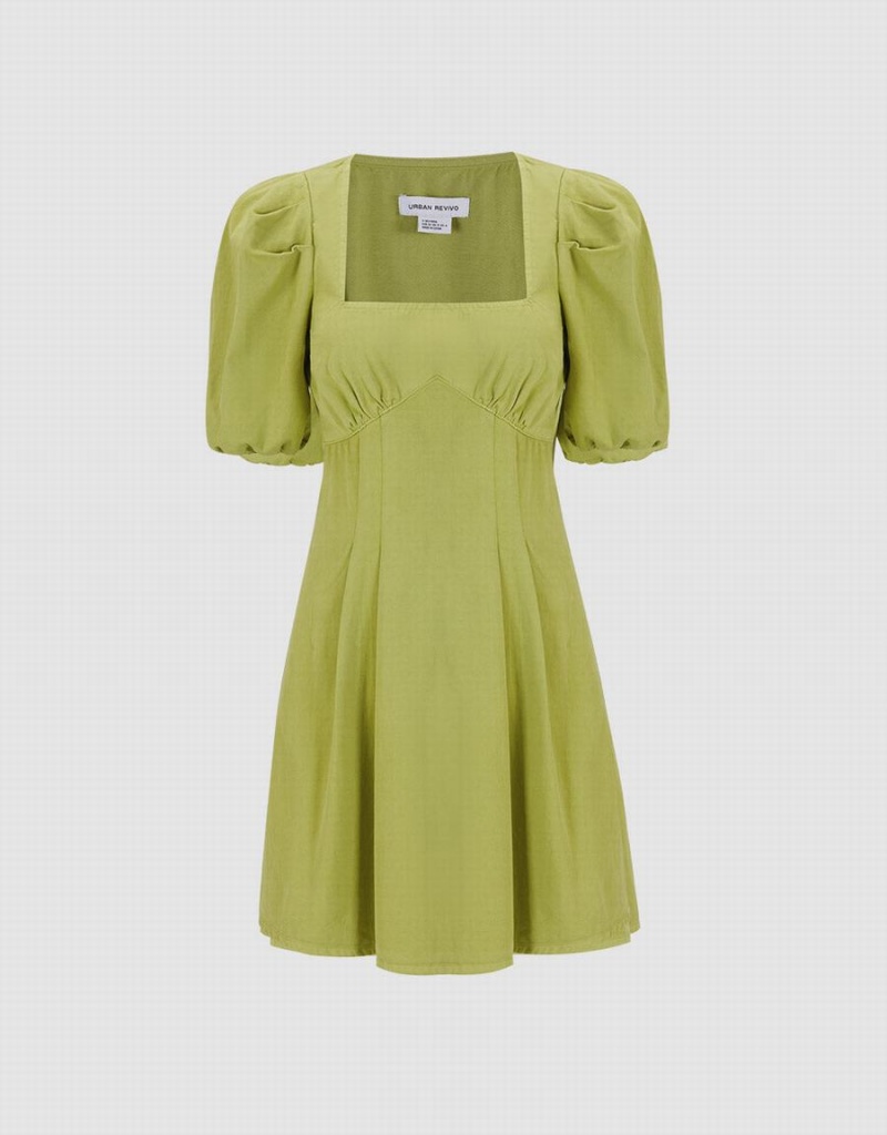 Women\'s Urban Revivo Puff Sleeve Square Neck Denim Dress Green | HFH9380TB