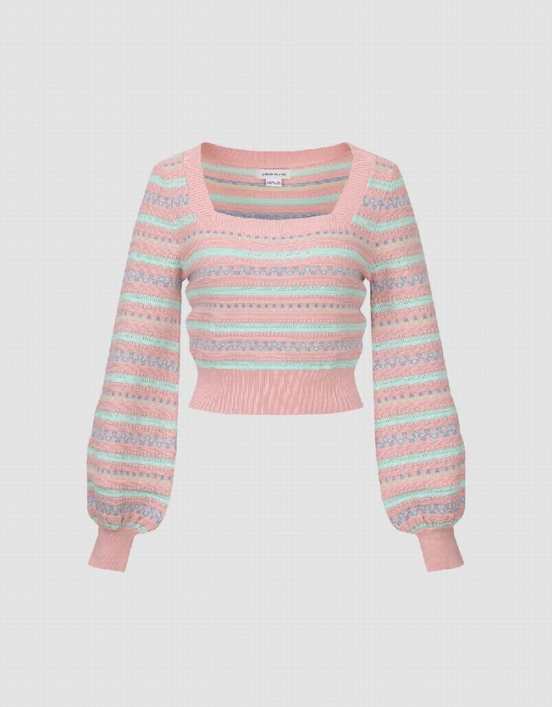 Women's Urban Revivo Puff Sleeve Square-cut Collar Knitted Cardigan Pink | XJR3062ZN