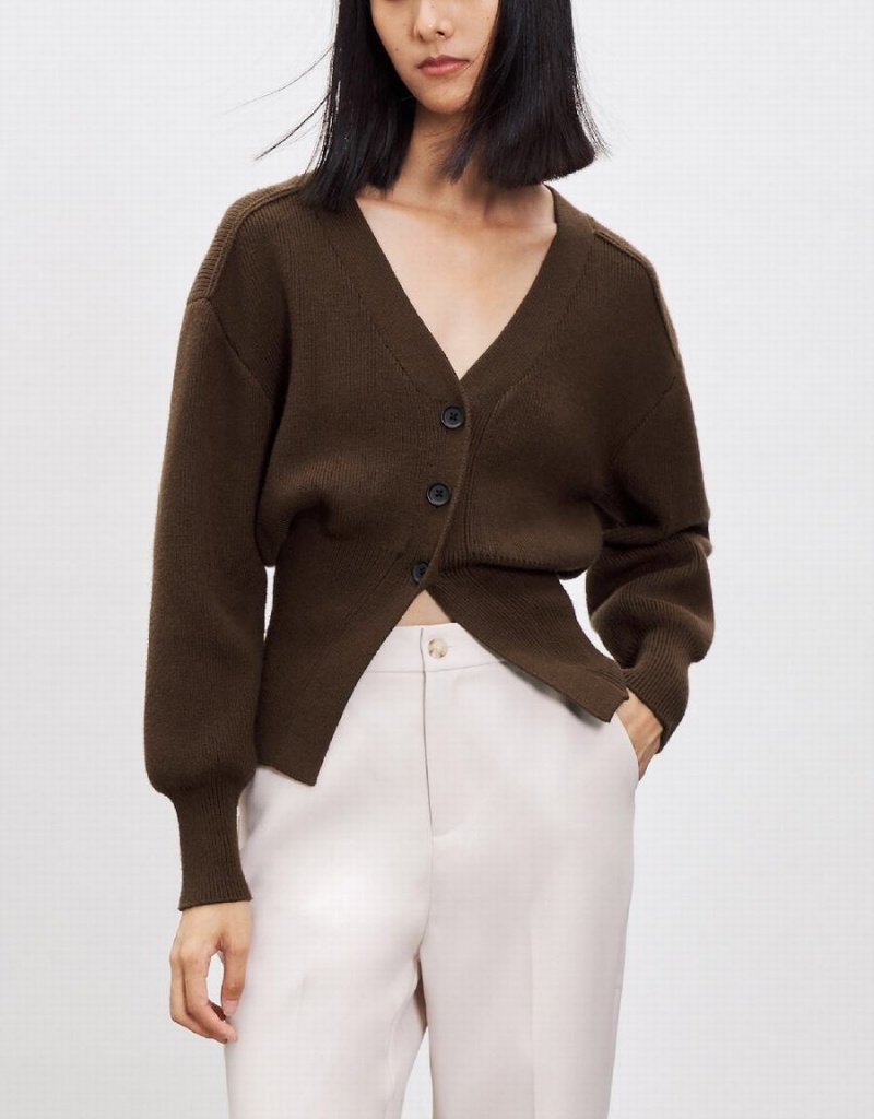 Women's Urban Revivo Puff Sleeve V-Neck Knitted Cardigan Brown | BIX4434EI