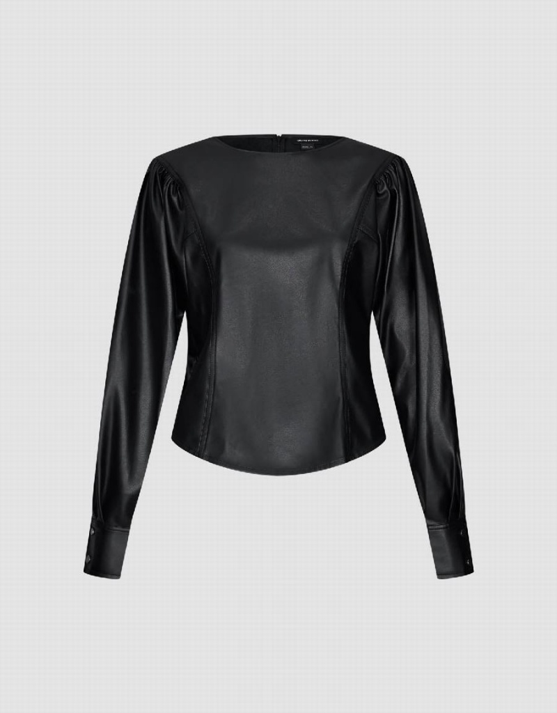 Women's Urban Revivo Puff Sleeve Vegan Leather Overhead Blouse Black | CNF9719RU