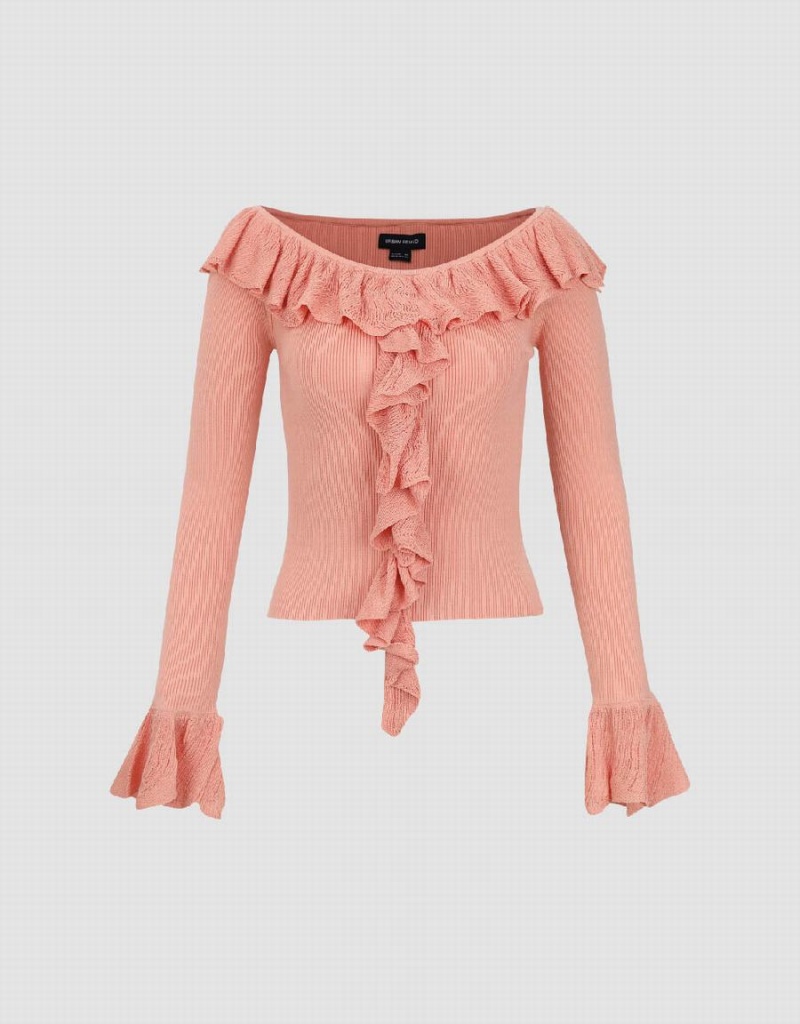 Women's Urban Revivo Raglan Sleeve Ruffle Knitted Cardigan Pink | CHG5055MC