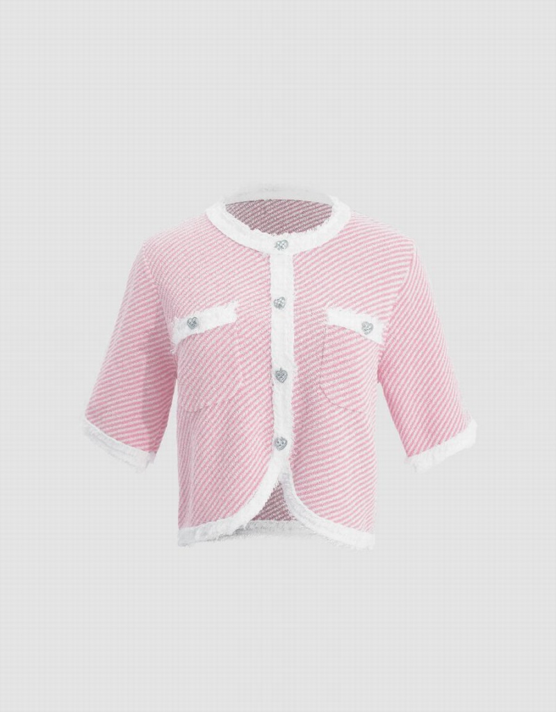 Women's Urban Revivo Raw Hem Crew Neck Knitted Cardigan Pink | SID406RM