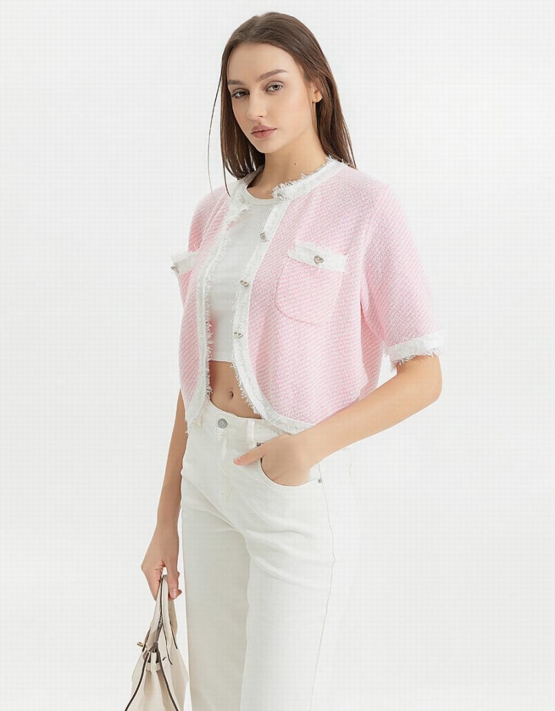 Women's Urban Revivo Raw Hem Crew Neck Knitted Cardigan Pink | SID406RM