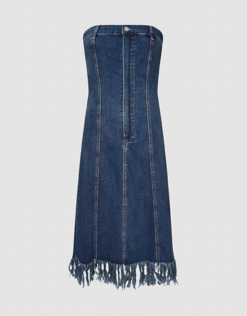 Women's Urban Revivo Raw Hem Sleeveless Denim Dress Blue | YRI941SF