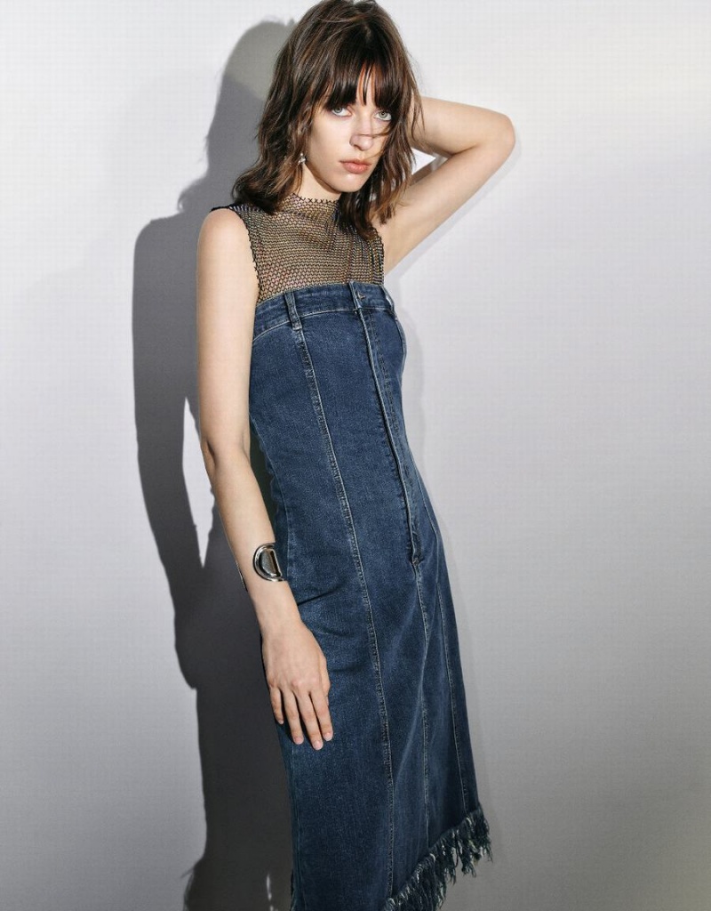 Women's Urban Revivo Raw Hem Sleeveless Denim Dress Blue | YRI941SF