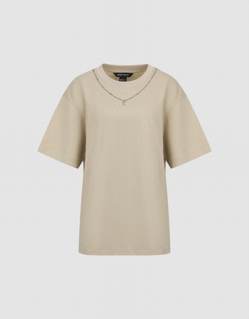 Women's Urban Revivo Regular With Necklace T Shirts Khaki | NOU1867SX