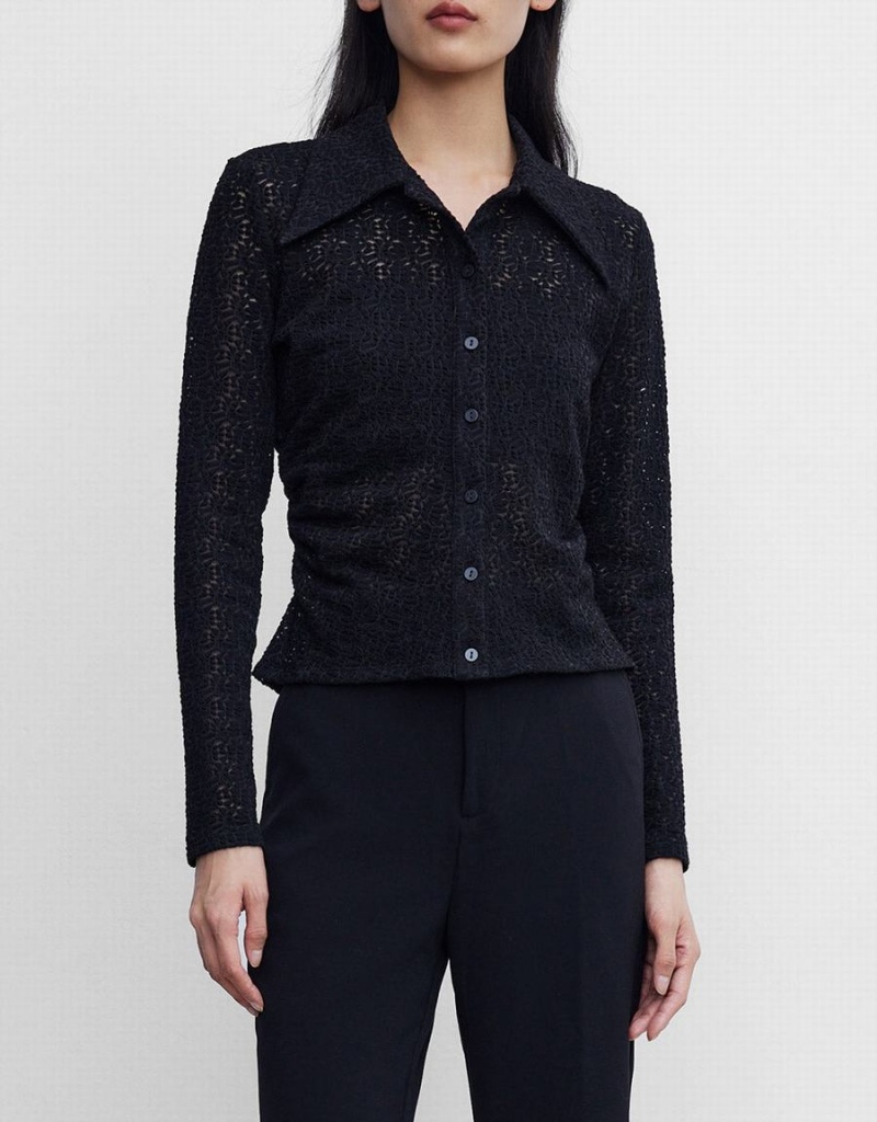 Women's Urban Revivo Ruched Button Up Fitted Shirts Black | QVJ3648VB