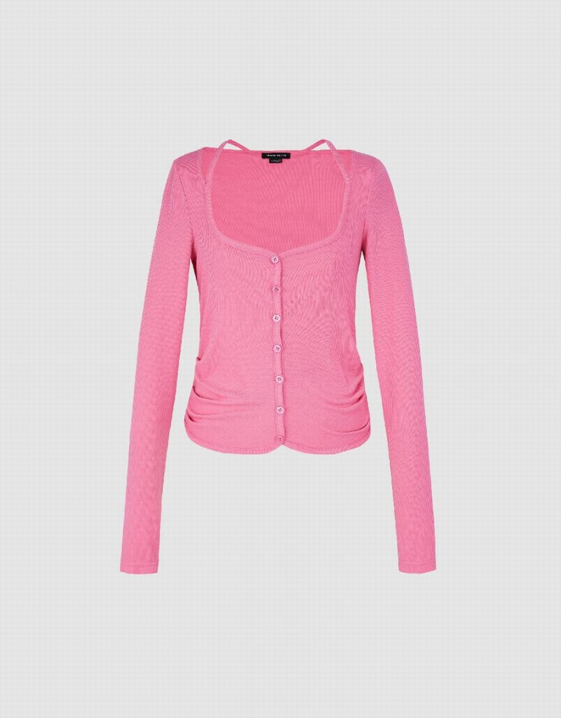 Women's Urban Revivo Ruched Crew Neck Knitted Top Shirts Pink | EVD7981VU