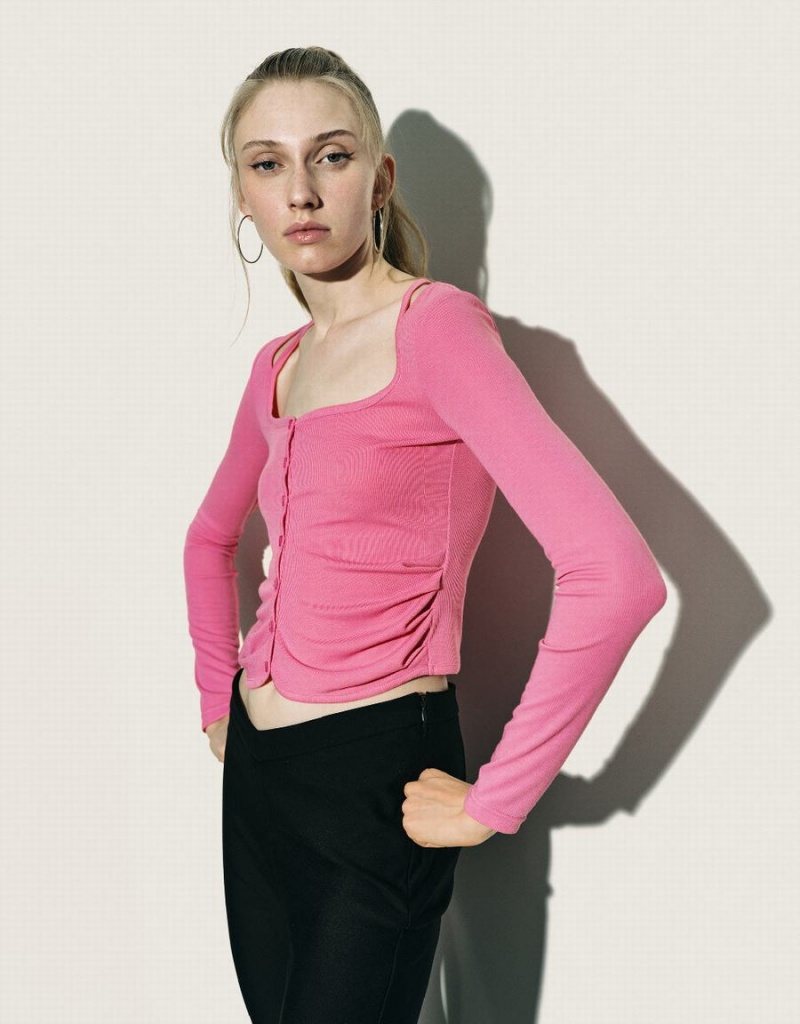 Women's Urban Revivo Ruched Crew Neck Knitted Top Shirts Pink | EVD7981VU