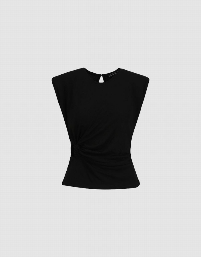 Women's Urban Revivo Ruched Crew Neck T Shirts Black | NTR1569NA