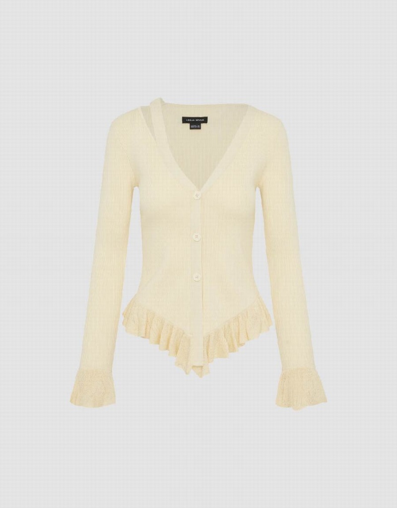 Women's Urban Revivo Ruffle Hem V-Neck Knitted Cardigan Beige | NQL6565SY