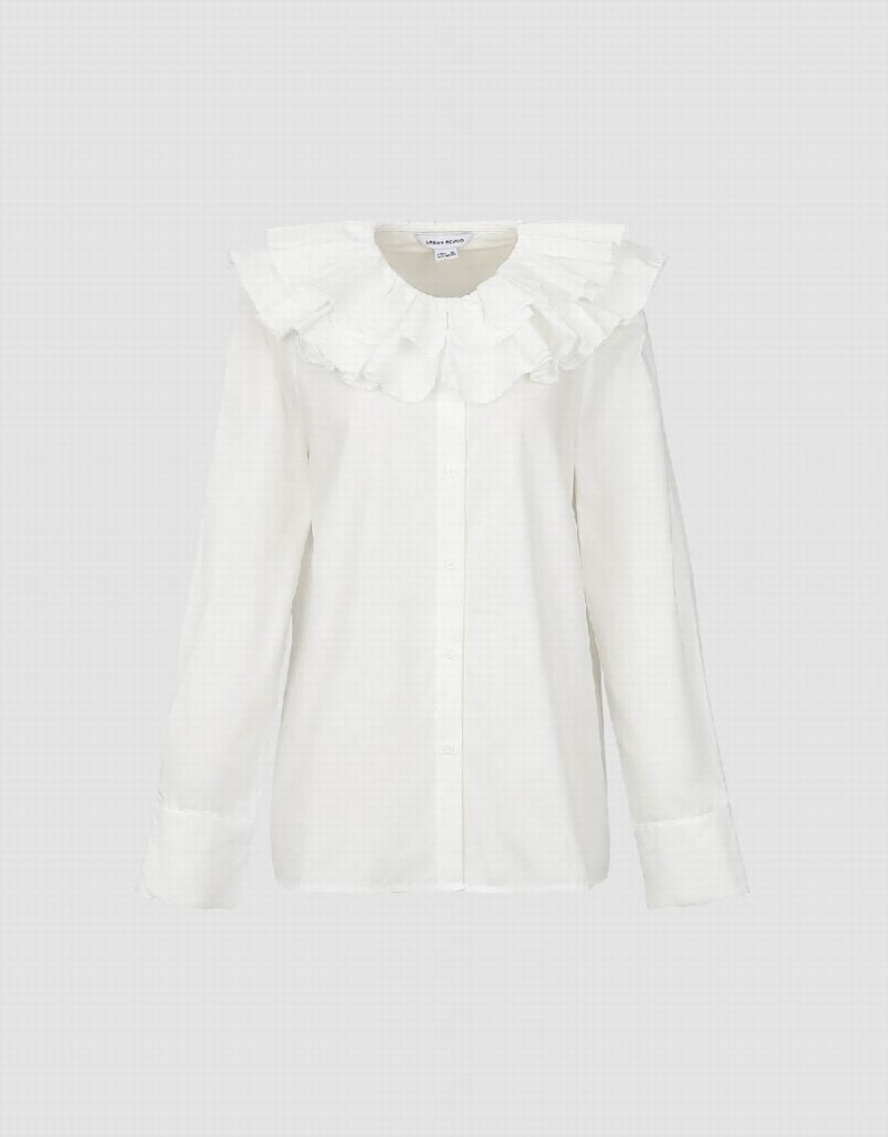 Women's Urban Revivo Ruffle Lapel Shirts White | RHJ478AX