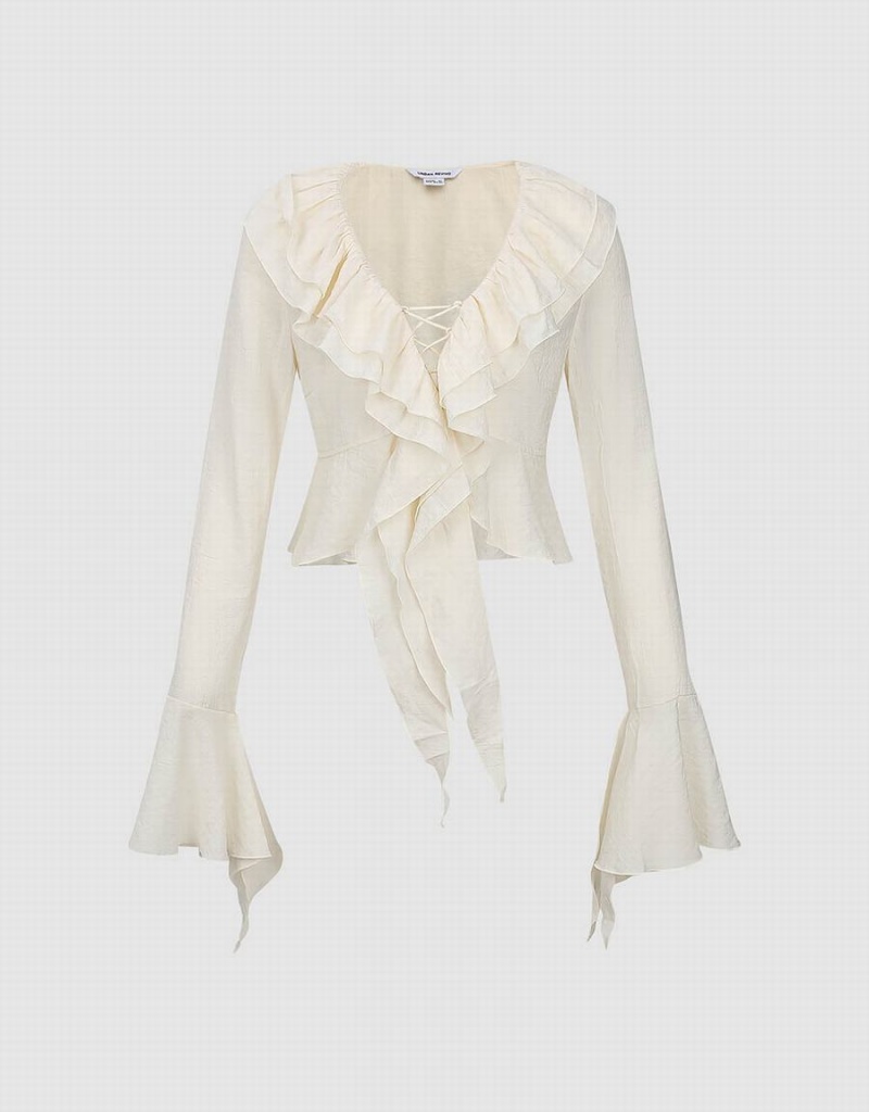 Women's Urban Revivo Ruffle Lapel Shirts White | AEL28OF