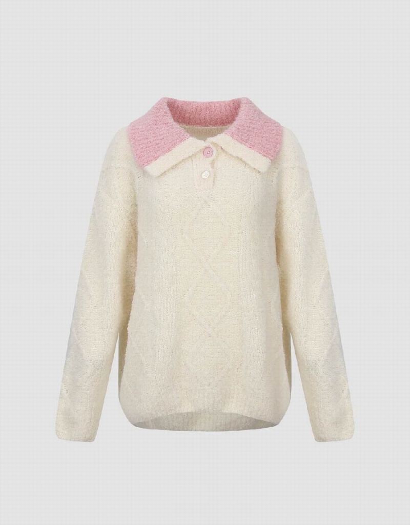 Women's Urban Revivo Sailor Collar Neck Knitted Cardigan Pink White | EDM1238FB