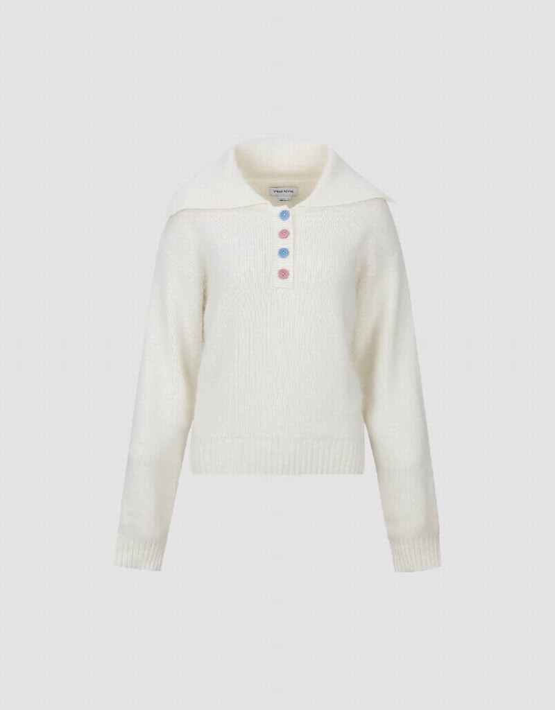 Women's Urban Revivo Sailor Collar Neck Knitted Cardigan White | IFS2786NY