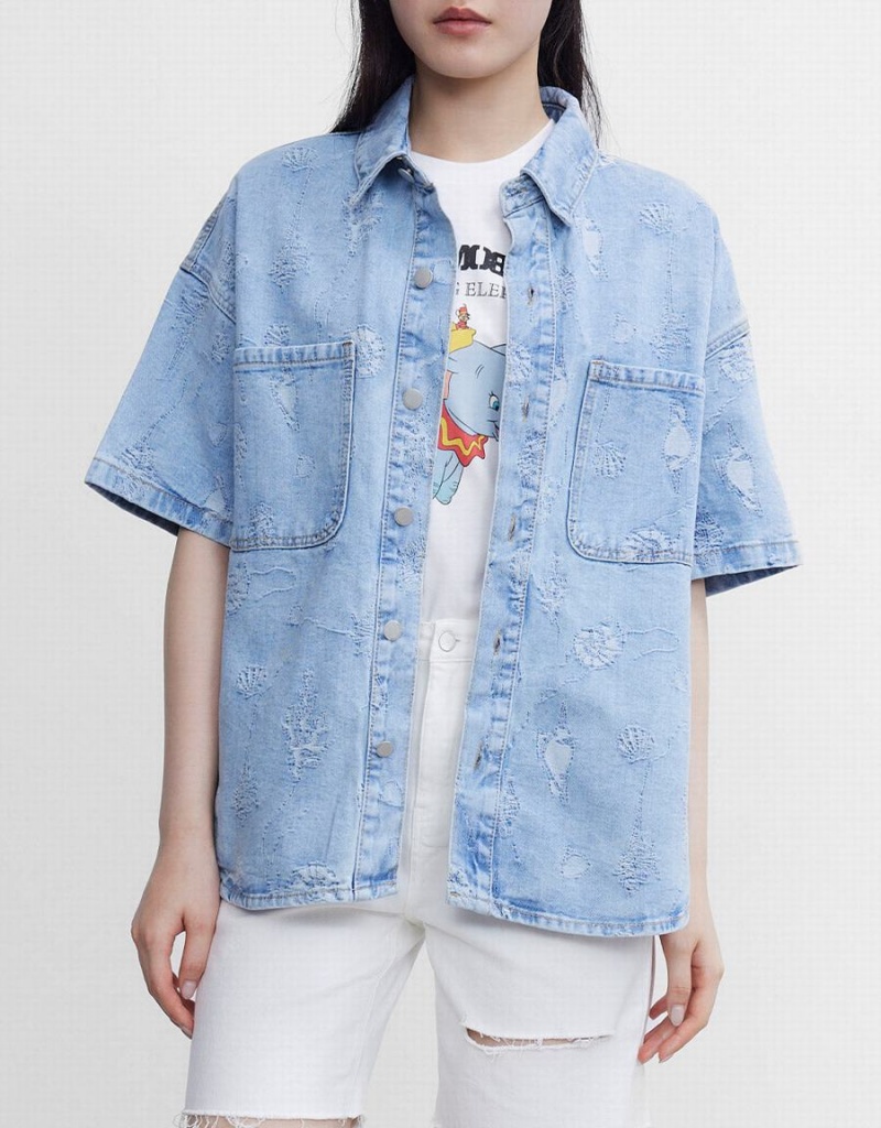 Women's Urban Revivo Seashell Patched Pocket Denim Shirts Blue | ORA4752TL