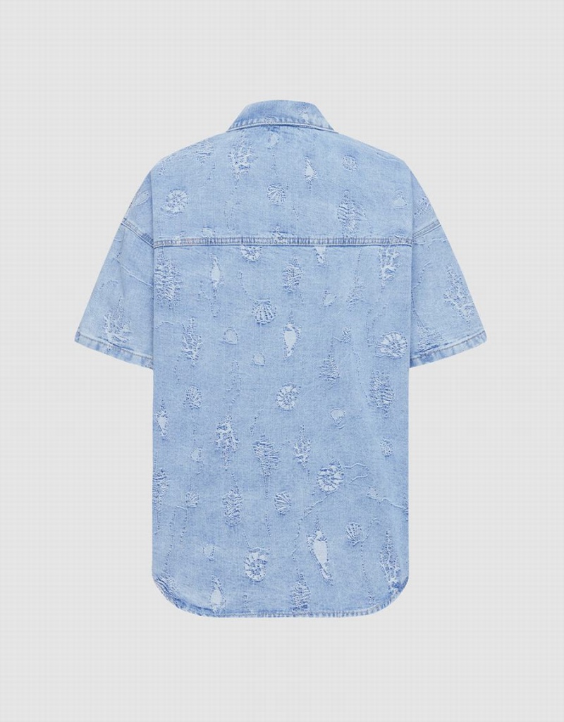 Women's Urban Revivo Seashell Patched Pocket Denim Shirts Blue | ORA4752TL