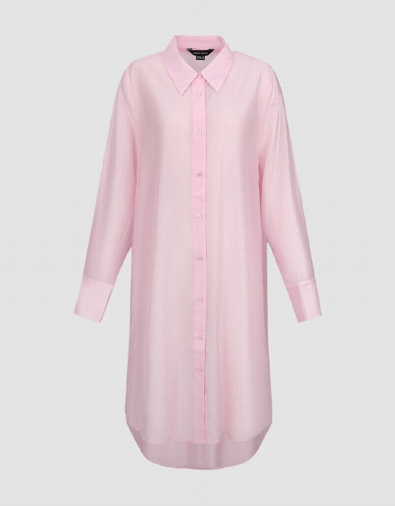 Women's Urban Revivo Sheer Long Straight Shirts Pink | IRE396RZ