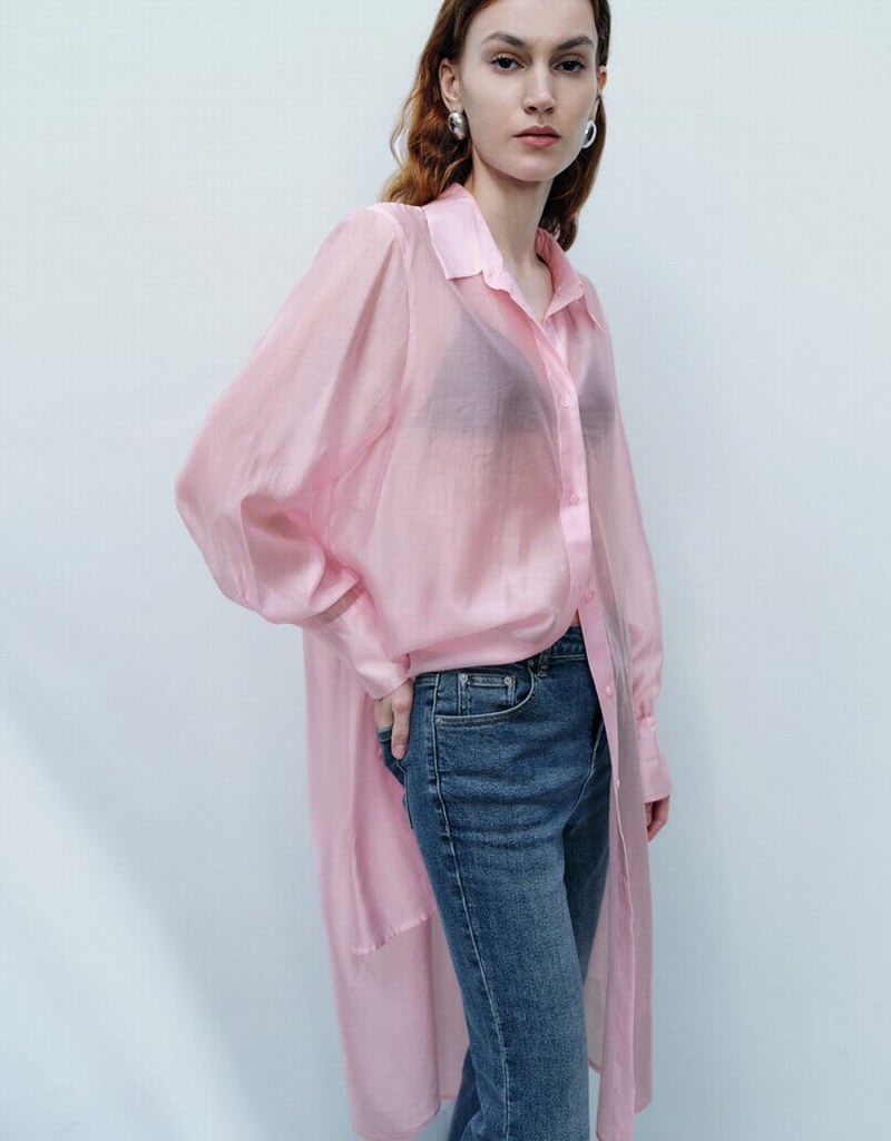 Women's Urban Revivo Sheer Long Straight Shirts Pink | IRE396RZ