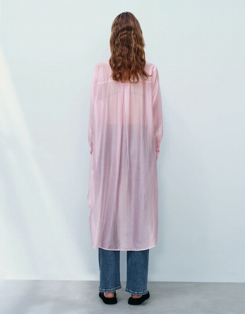 Women's Urban Revivo Sheer Long Straight Shirts Pink | IRE396RZ