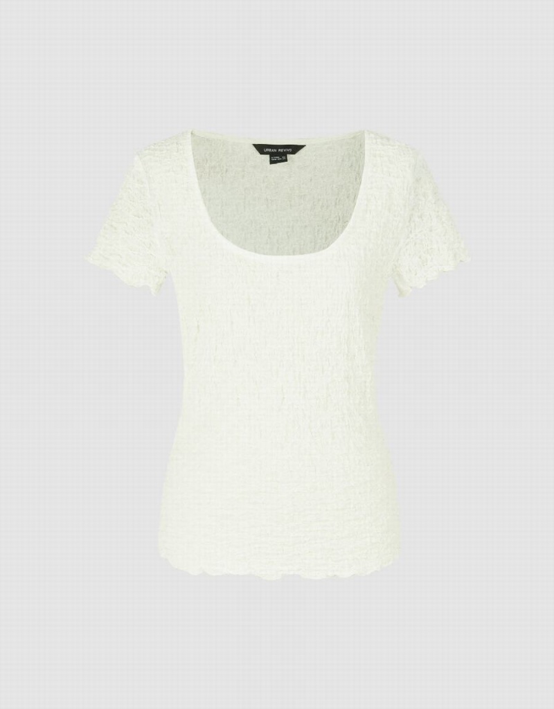 Women's Urban Revivo Shirred Square-cut Collar Skinny T Shirts White | UIK4233FN